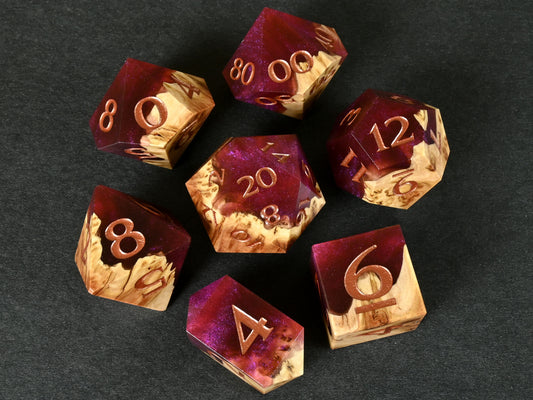 Infernal Ruby vasticola burl wood and resin hybrid dice set for dnd ttrpg