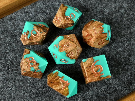Turquoise and maple burl wood hybrid dice set with bronze numbers for dnd ttrpg