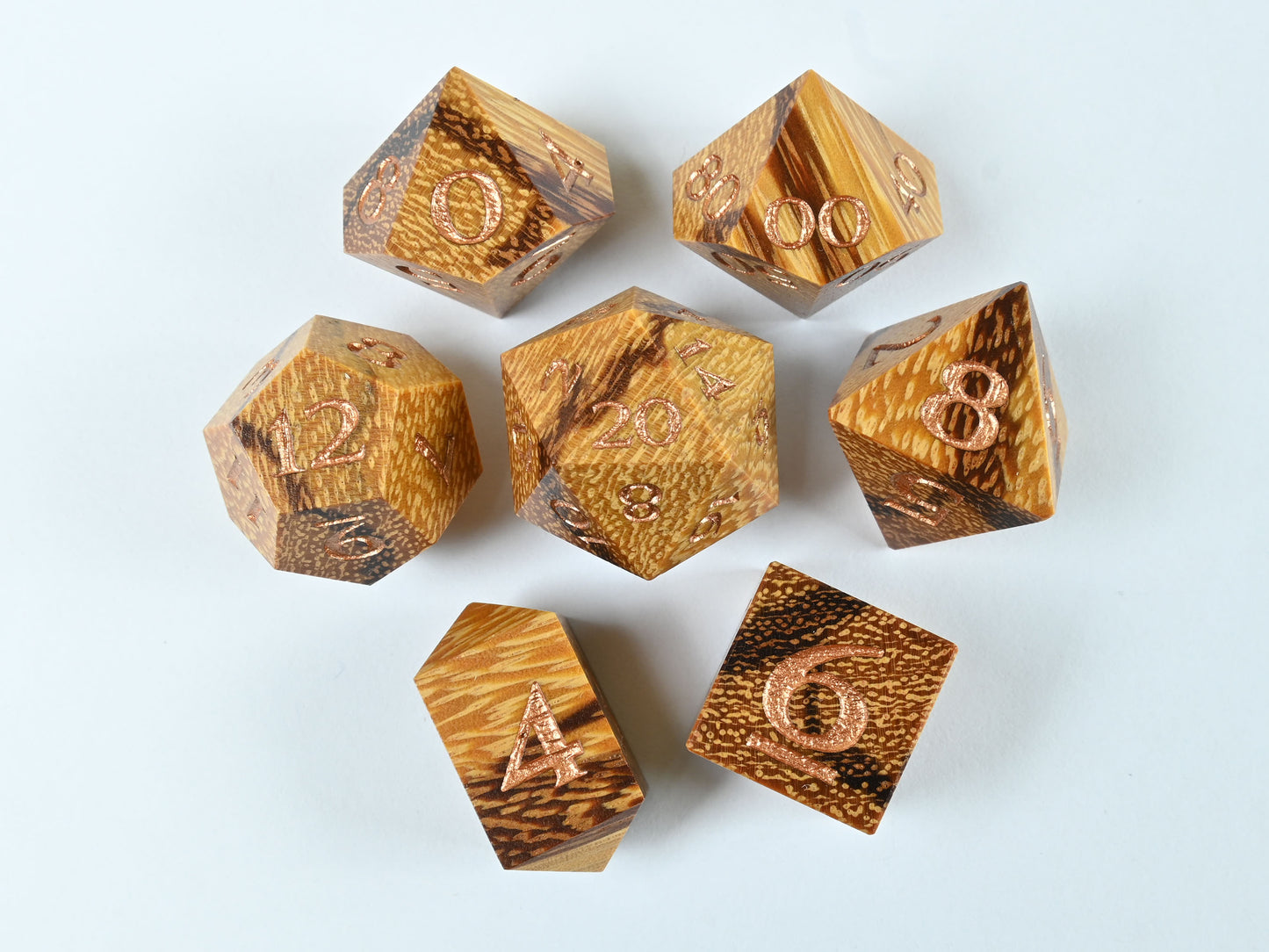 Marblewood dice set with bronze numbers for dnd rpg