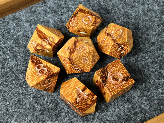 Marblewood dice set with bronze numbers for dnd rpg