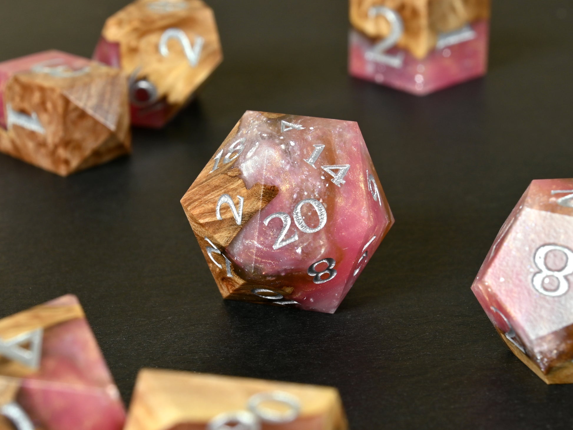 Alpenglow Maple burl wood and resin hybrid dice set for dnd ttrpg