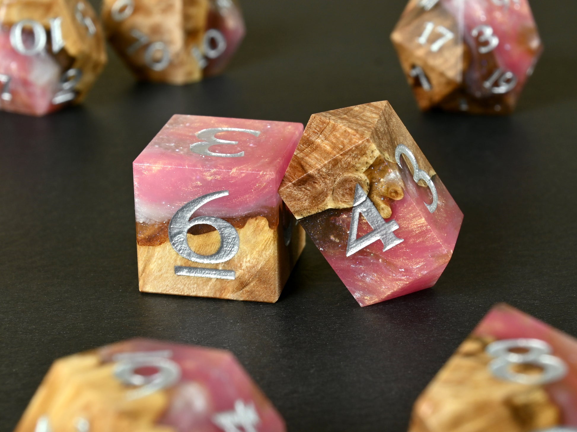 Alpenglow Maple burl wood and resin hybrid dice set for dnd ttrpg