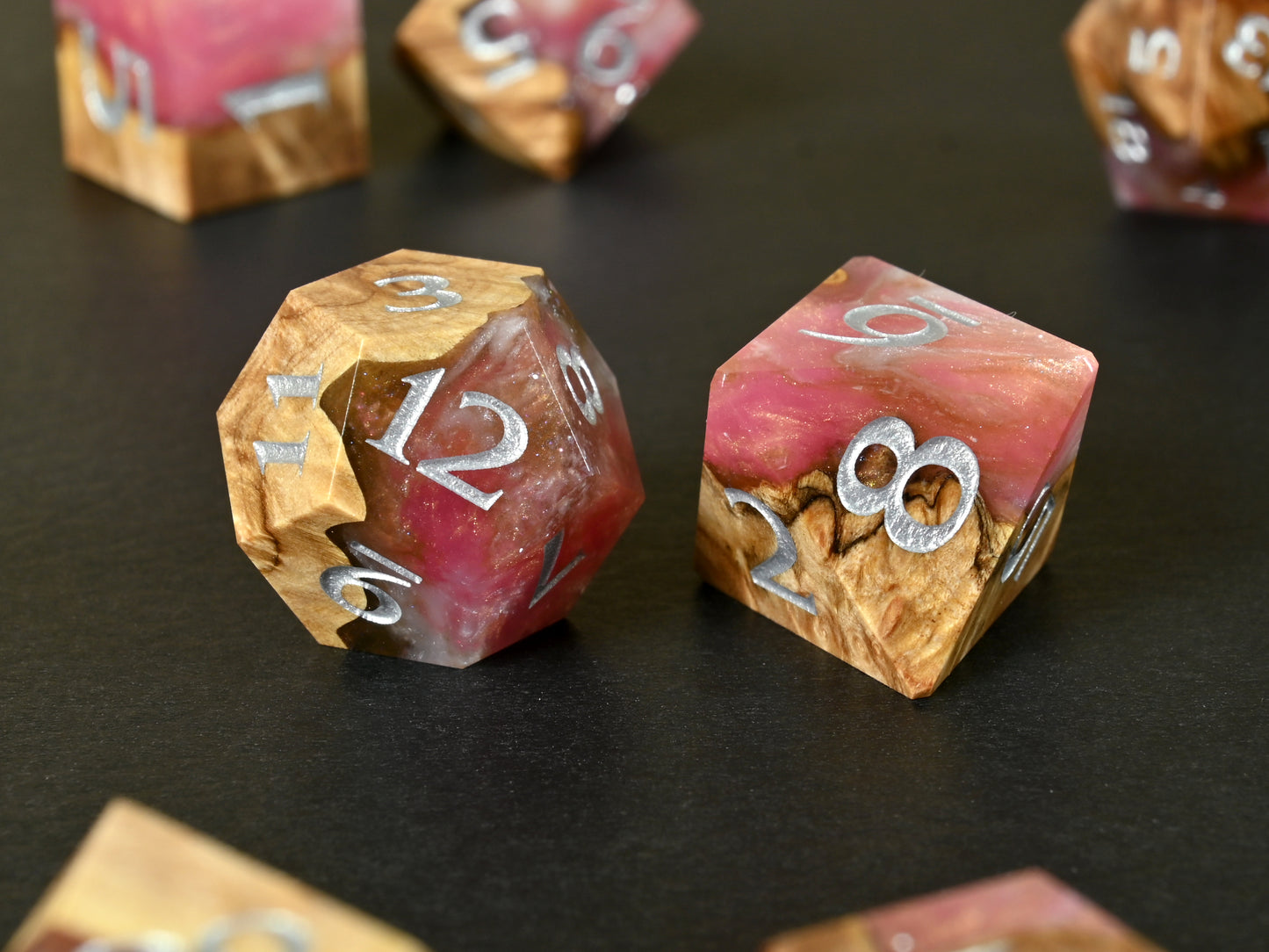 Alpenglow Maple burl wood and resin hybrid dice set for dnd ttrpg