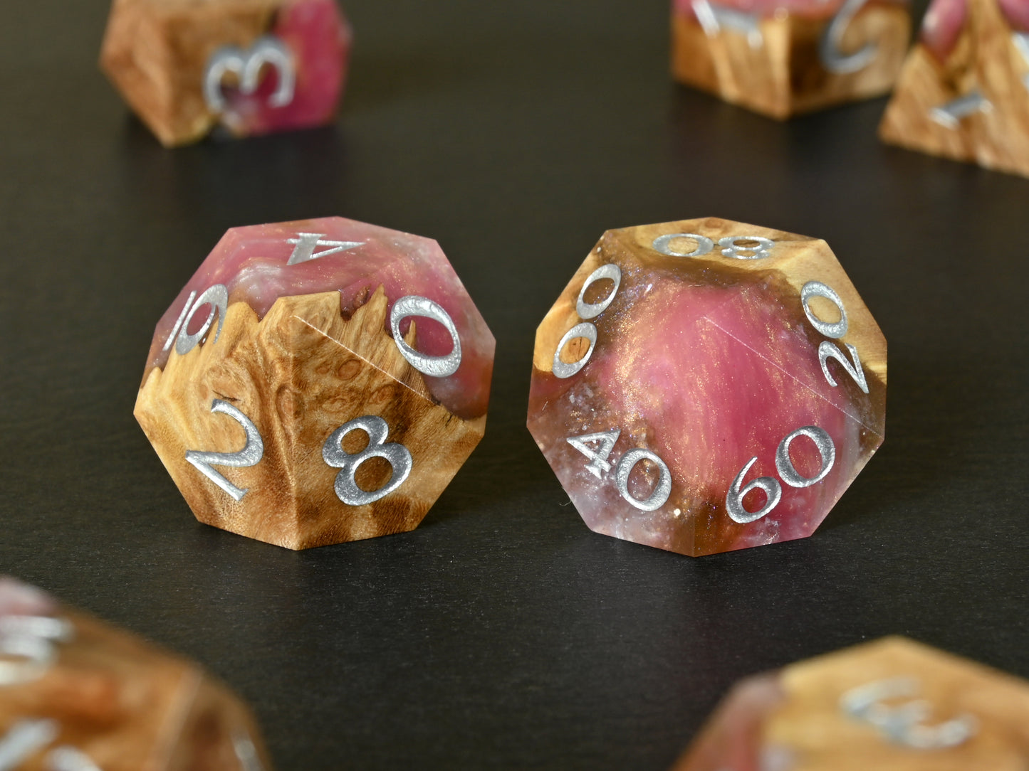 Alpenglow Maple burl wood and resin hybrid dice set for dnd ttrpg