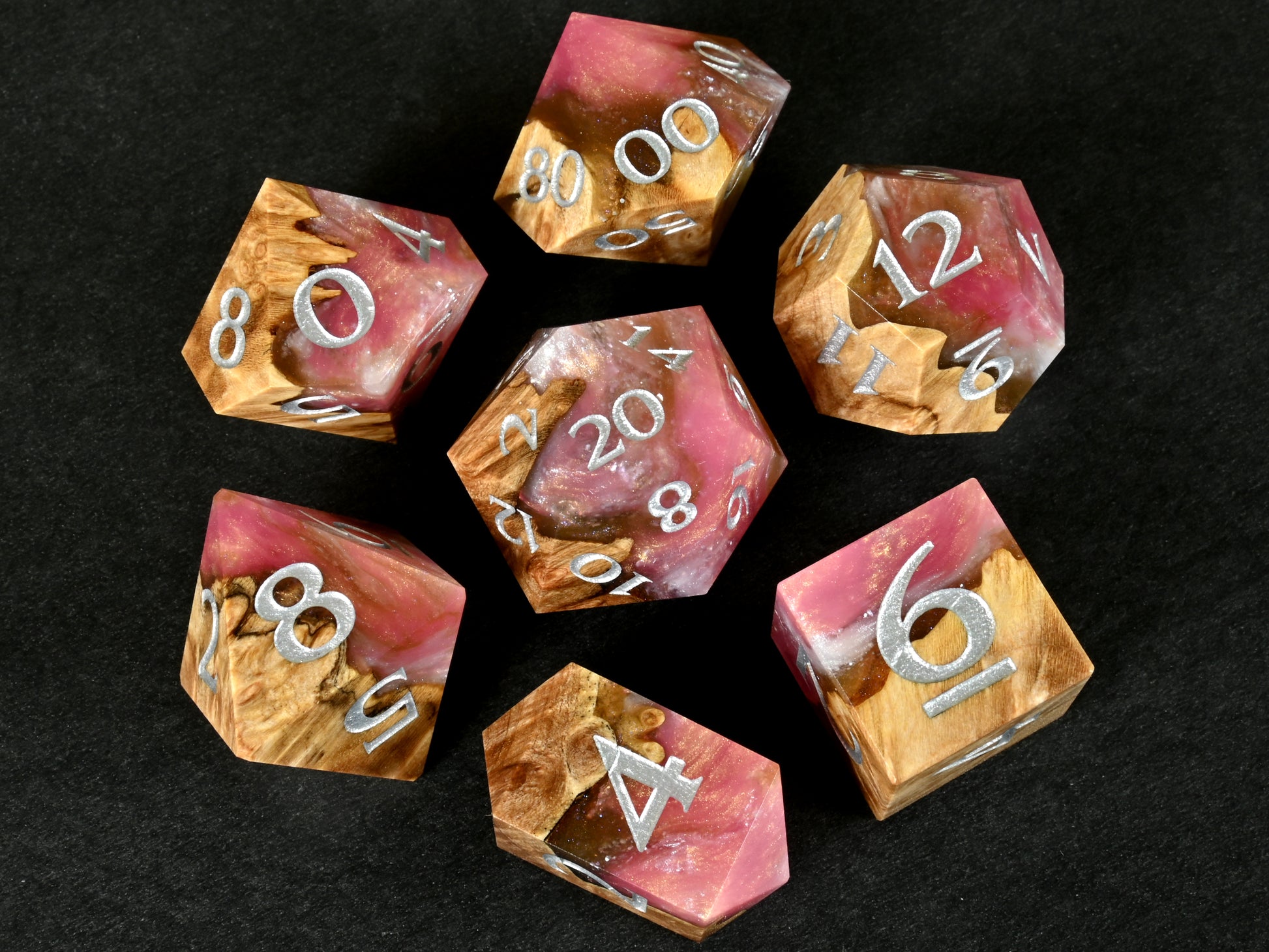 Alpenglow Maple burl wood and resin hybrid dice set for dnd ttrpg