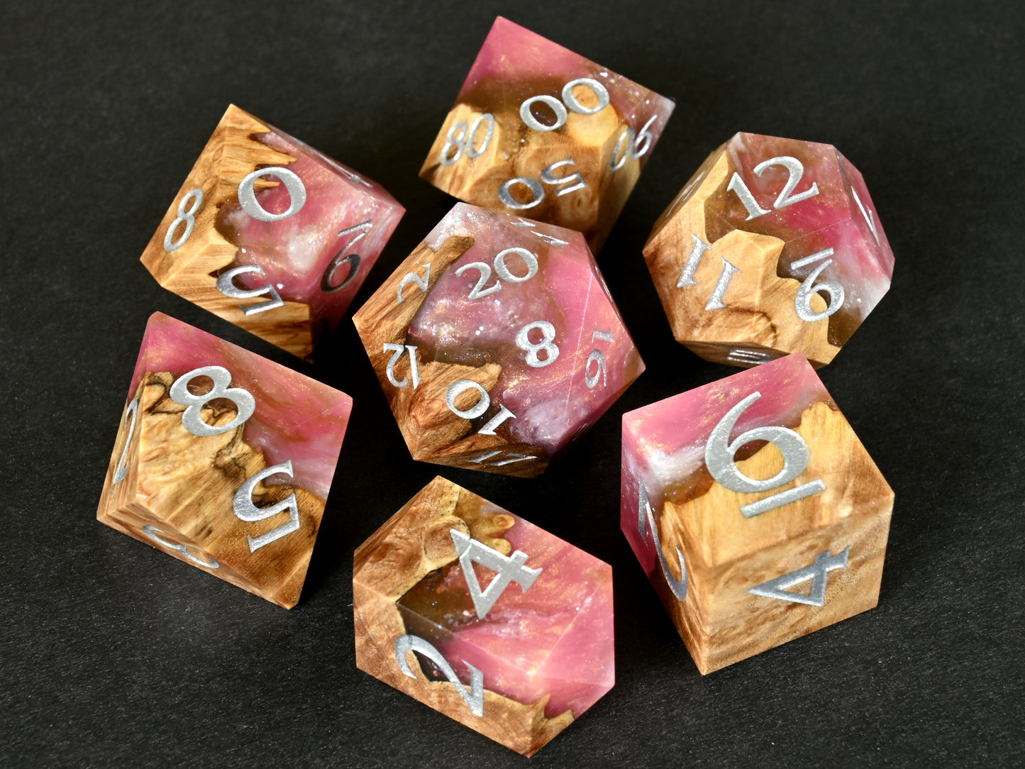 Alpenglow Maple burl wood and resin hybrid dice set for dnd ttrpg