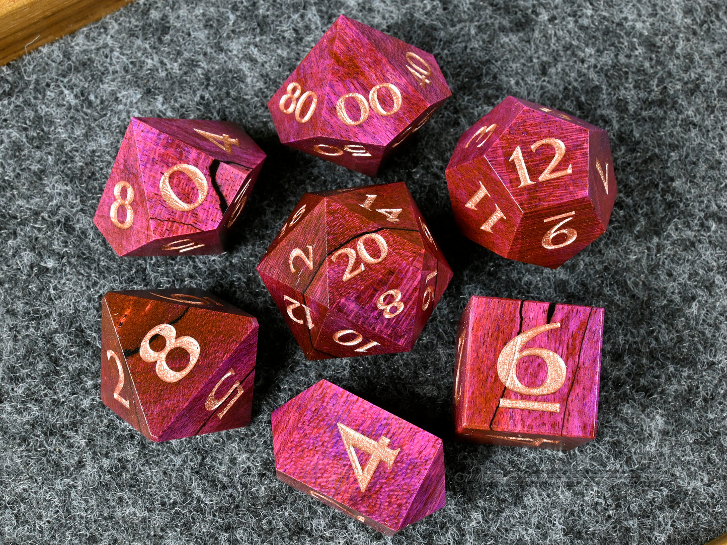 Pink Spalted Maple wood dice set for dnd tttrpg