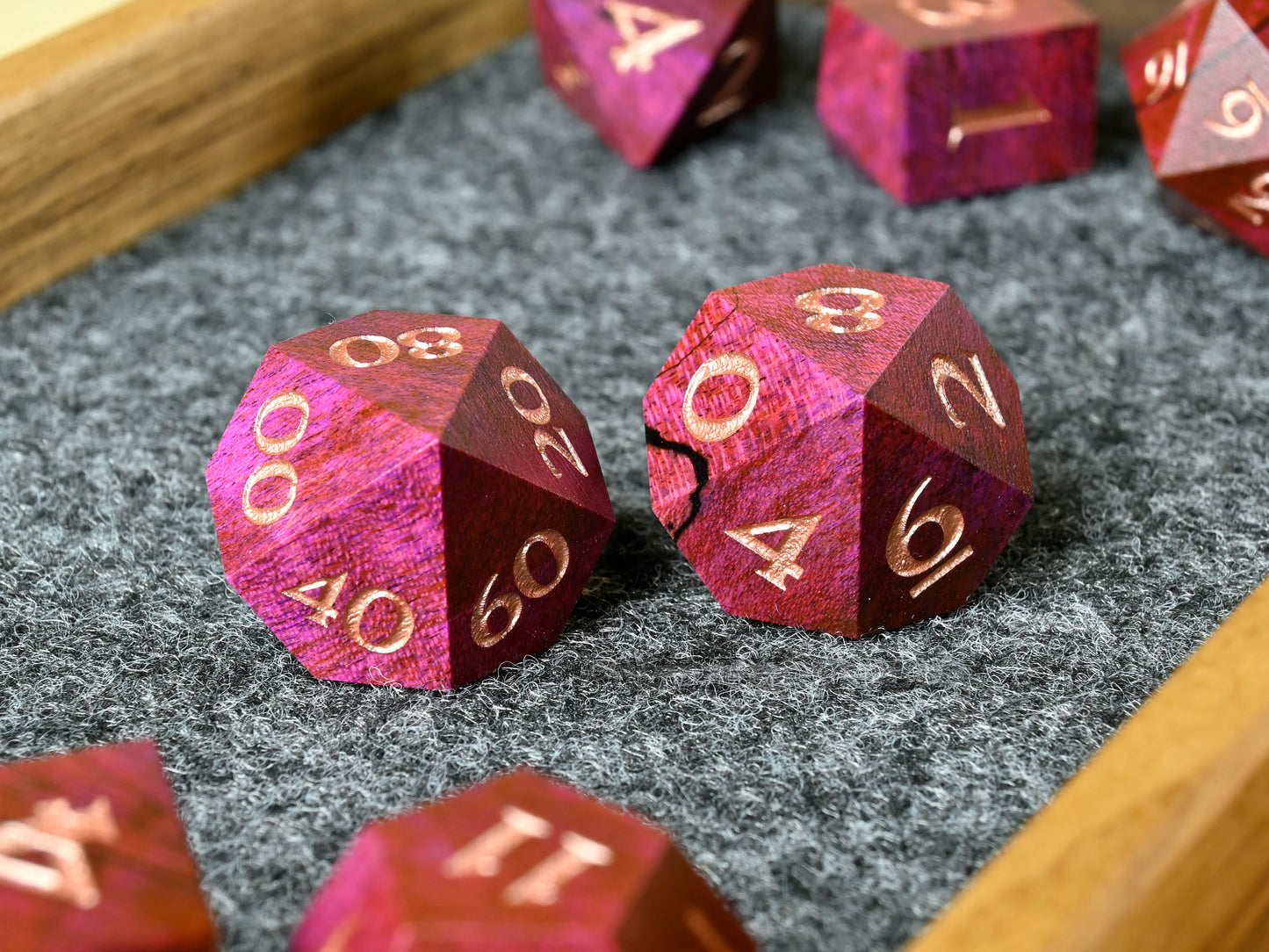Pink Spalted Maple wood dice set for dnd tttrpg