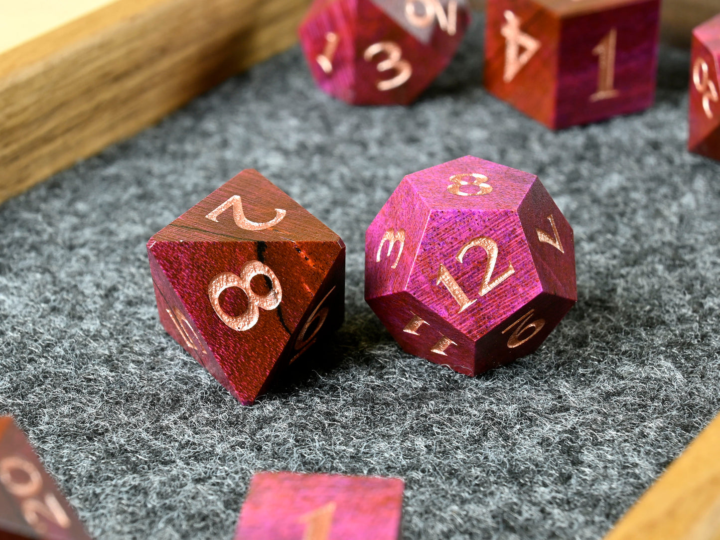 Pink Spalted Maple wood dice set for dnd tttrpg
