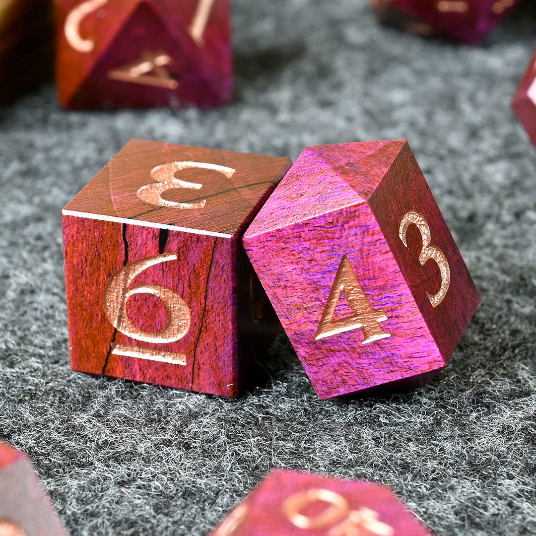 Pink Spalted Maple wood dice set for dnd tttrpg