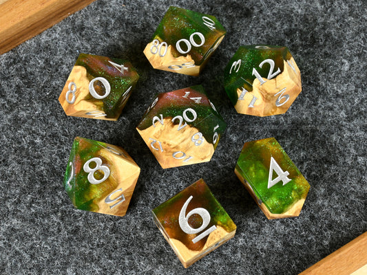 Poison apple Brown mallee Burl wood and resin dice set for ttrpg dnd