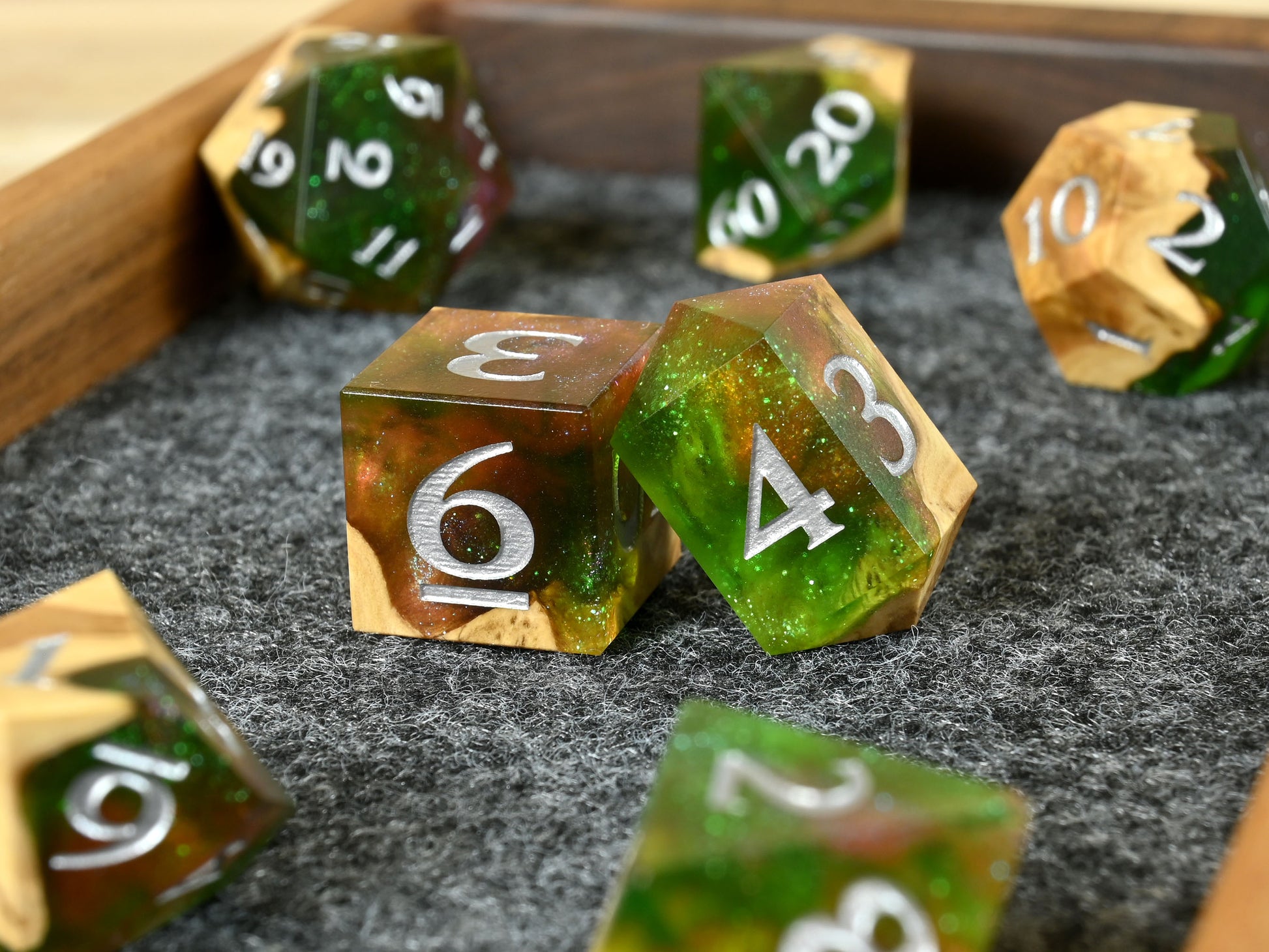 Poison apple Brown mallee Burl wood and resin dice set for ttrpg dnd