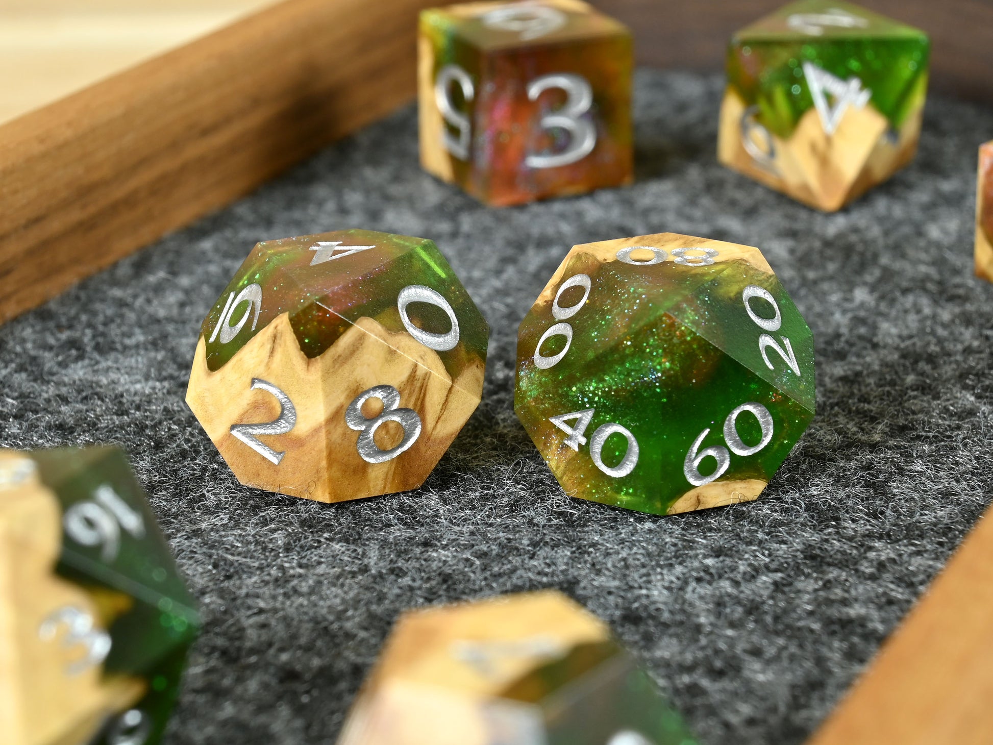 Poison apple Brown mallee Burl wood and resin dice set for ttrpg dnd