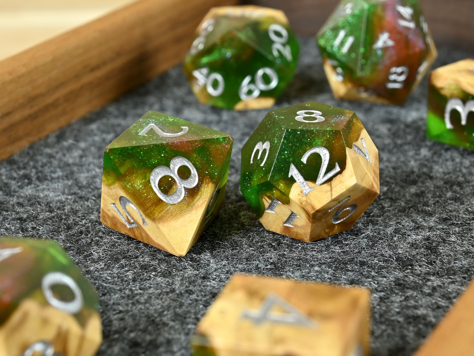 Poison apple Brown mallee Burl wood and resin dice set for ttrpg dnd