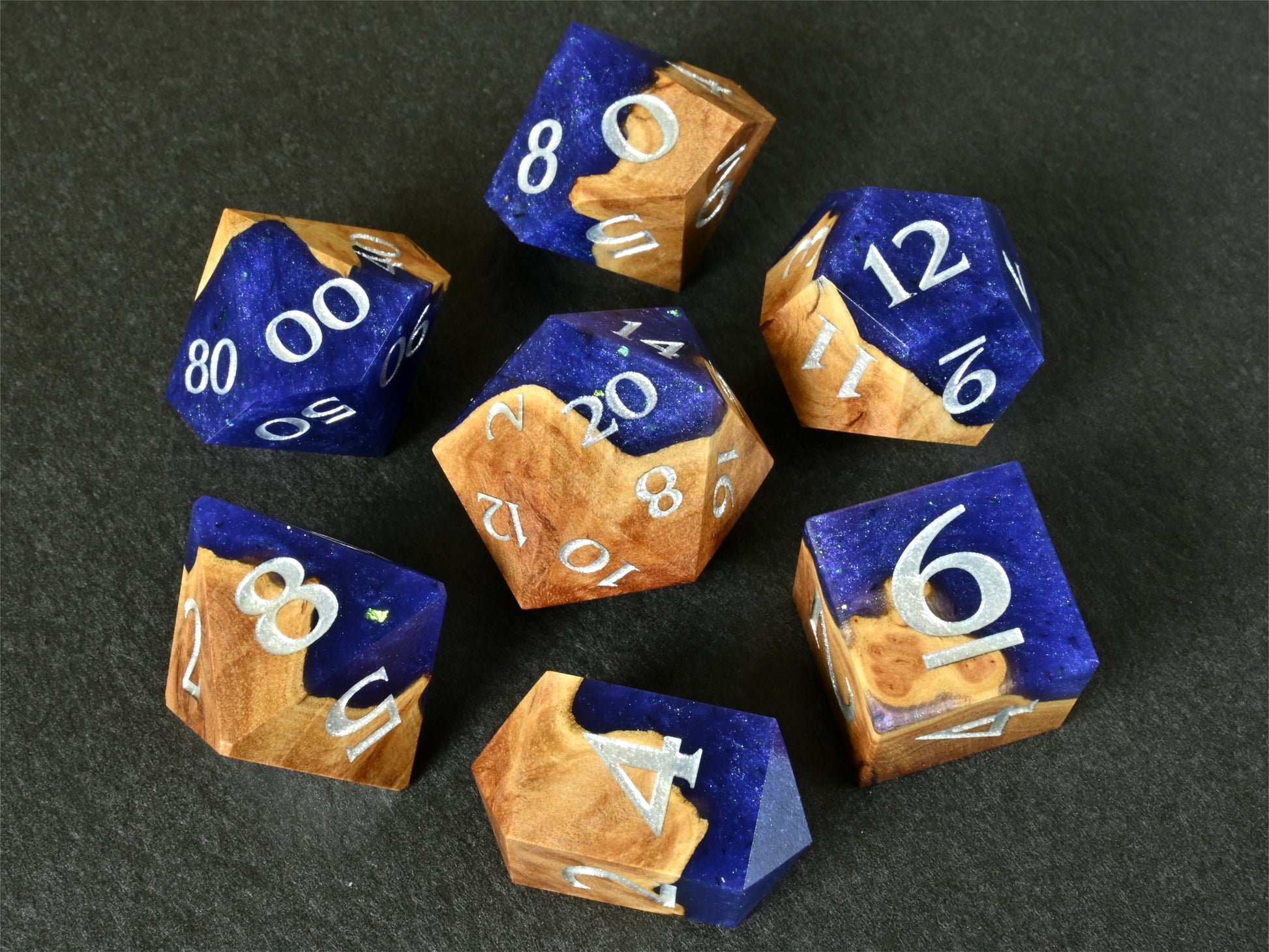 Diviner's Derivation Red Mallee burl wood and resin hybrid dice set for dnd ttrpg