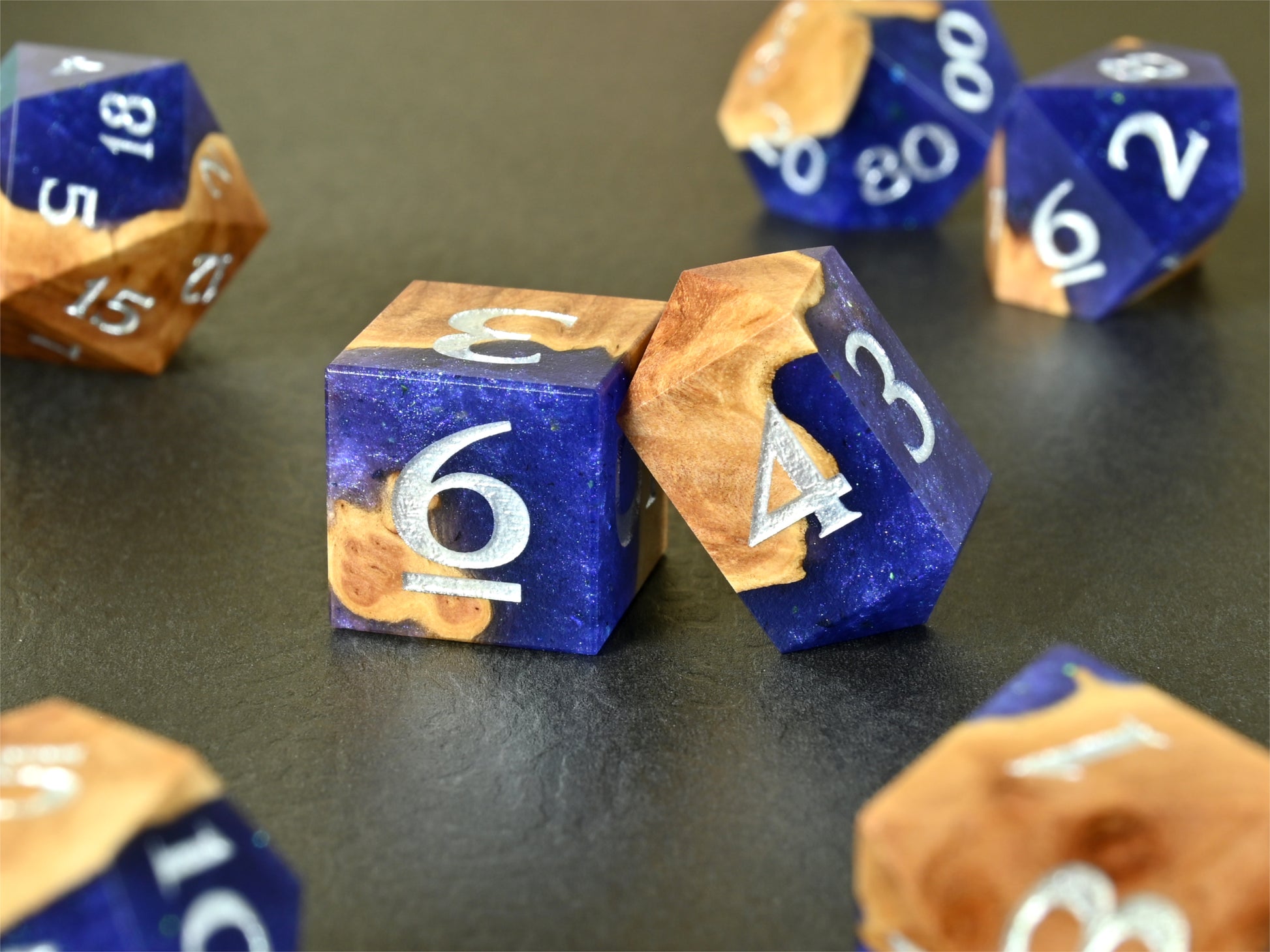 Diviner's Derivation Red Mallee burl wood and resin hybrid dice set for dnd ttrpg