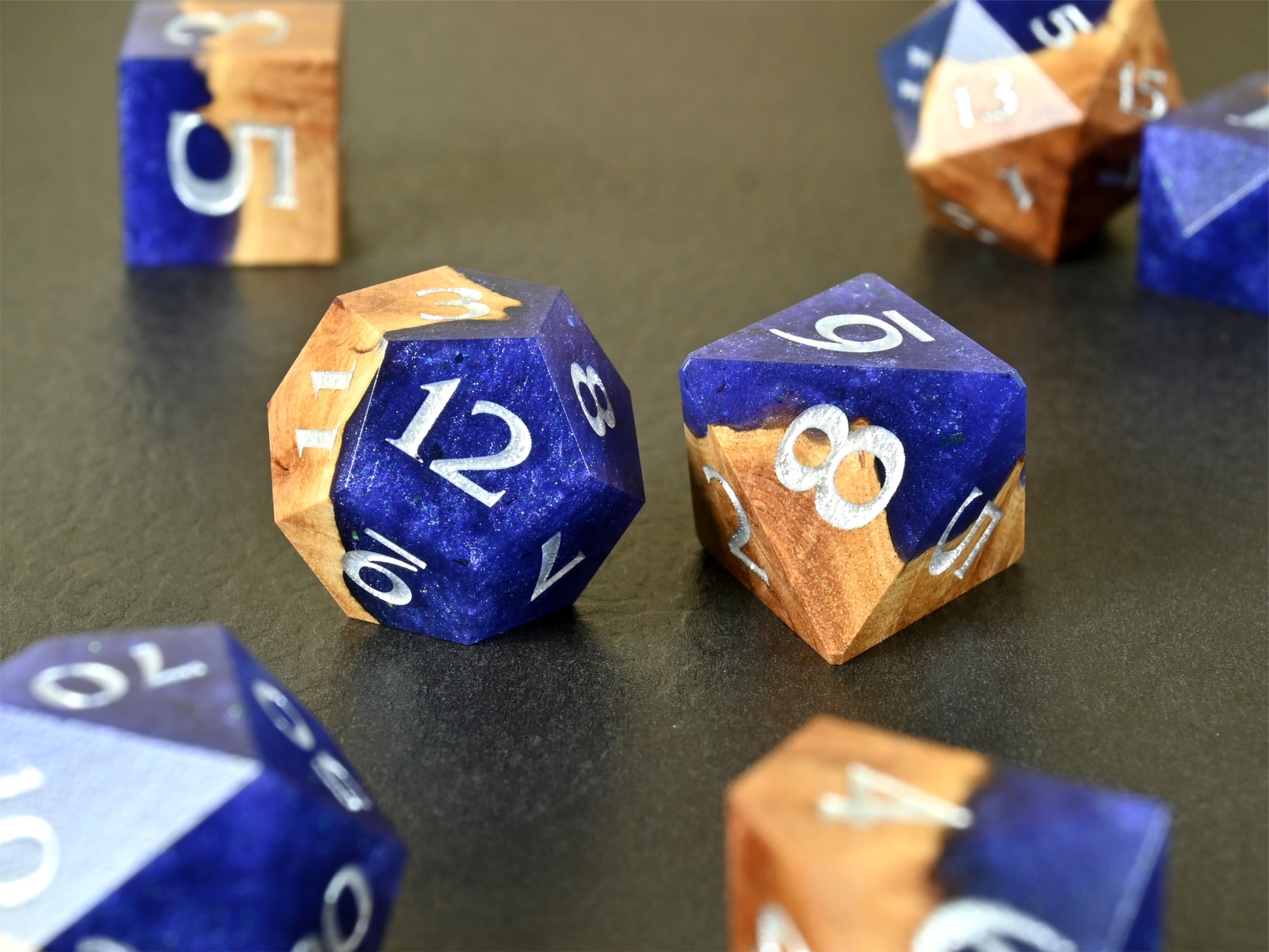 Diviner's Derivation Red Mallee burl wood and resin hybrid dice set for dnd ttrpg