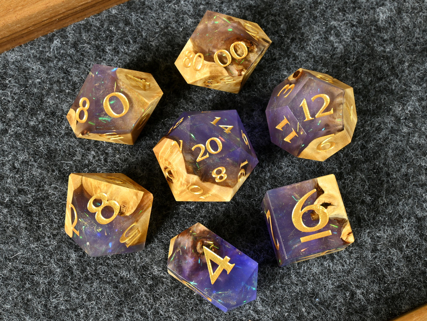 Spirit shroud buckeye burl wood and resin dice set for dnd ttrpg