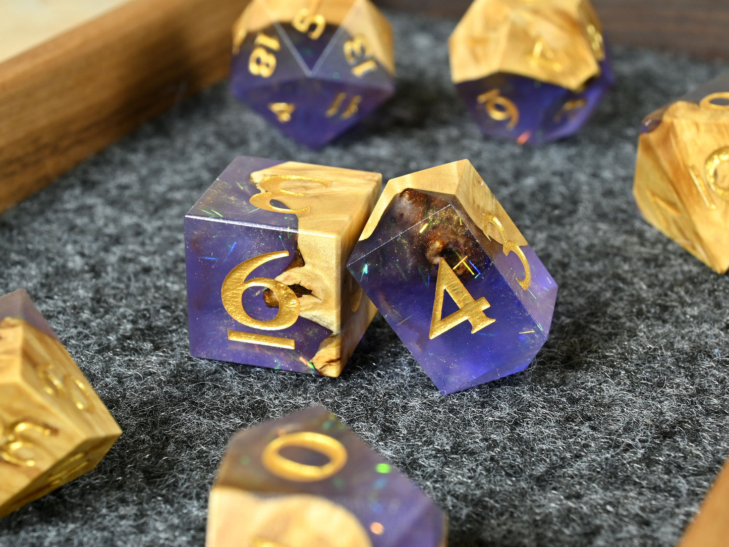 Spirit shroud buckeye burl wood and resin dice set for dnd ttrpg