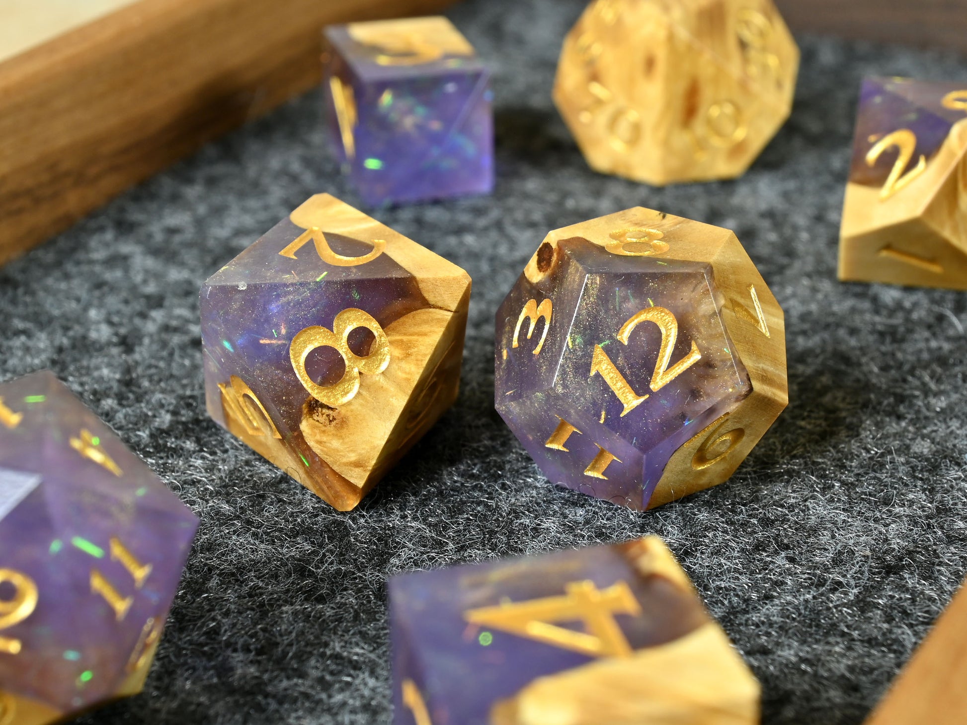 Spirit shroud buckeye burl wood and resin dice set for dnd ttrpg