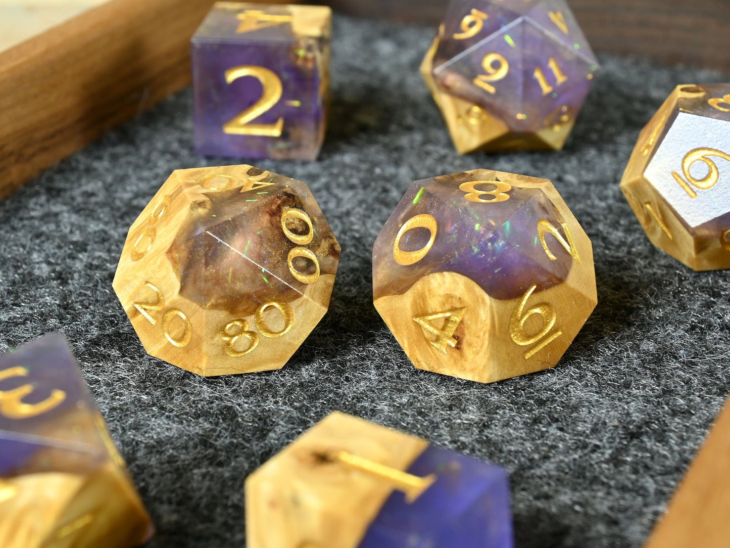 Spirit shroud buckeye burl wood and resin dice set for dnd ttrpg