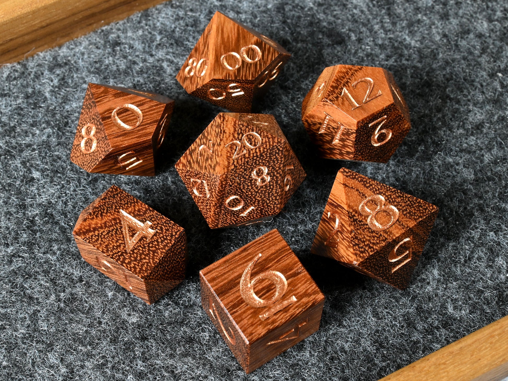 quebracho wood dice set with bronze numbers for dnd rpg