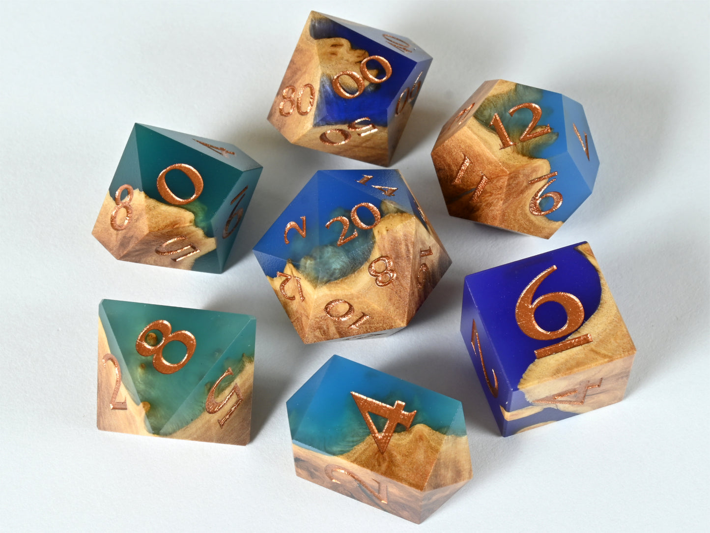 sea glass Red Mallee burl wood and resin hybrid dice set for dnd ttrpg