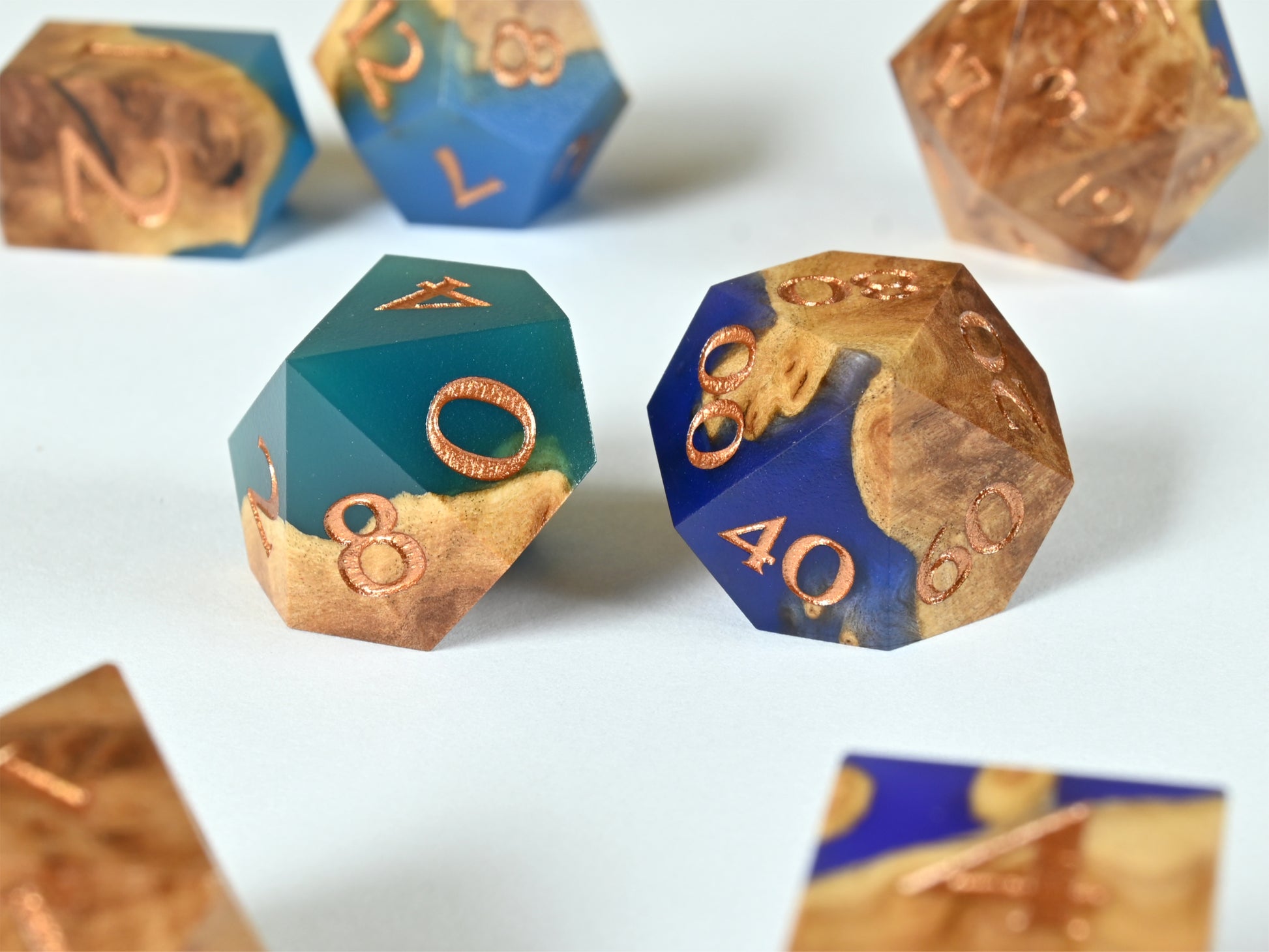 sea glass Red Mallee burl wood and resin hybrid dice set for dnd ttrpg