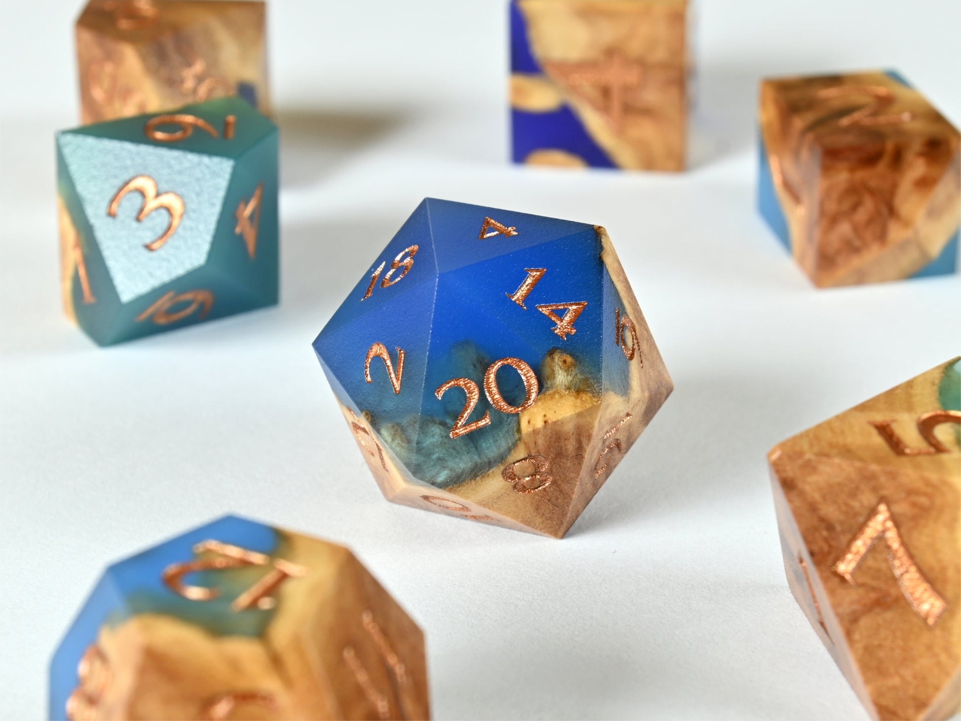 sea glass Red Mallee burl wood and resin hybrid dice set for dnd ttrpg