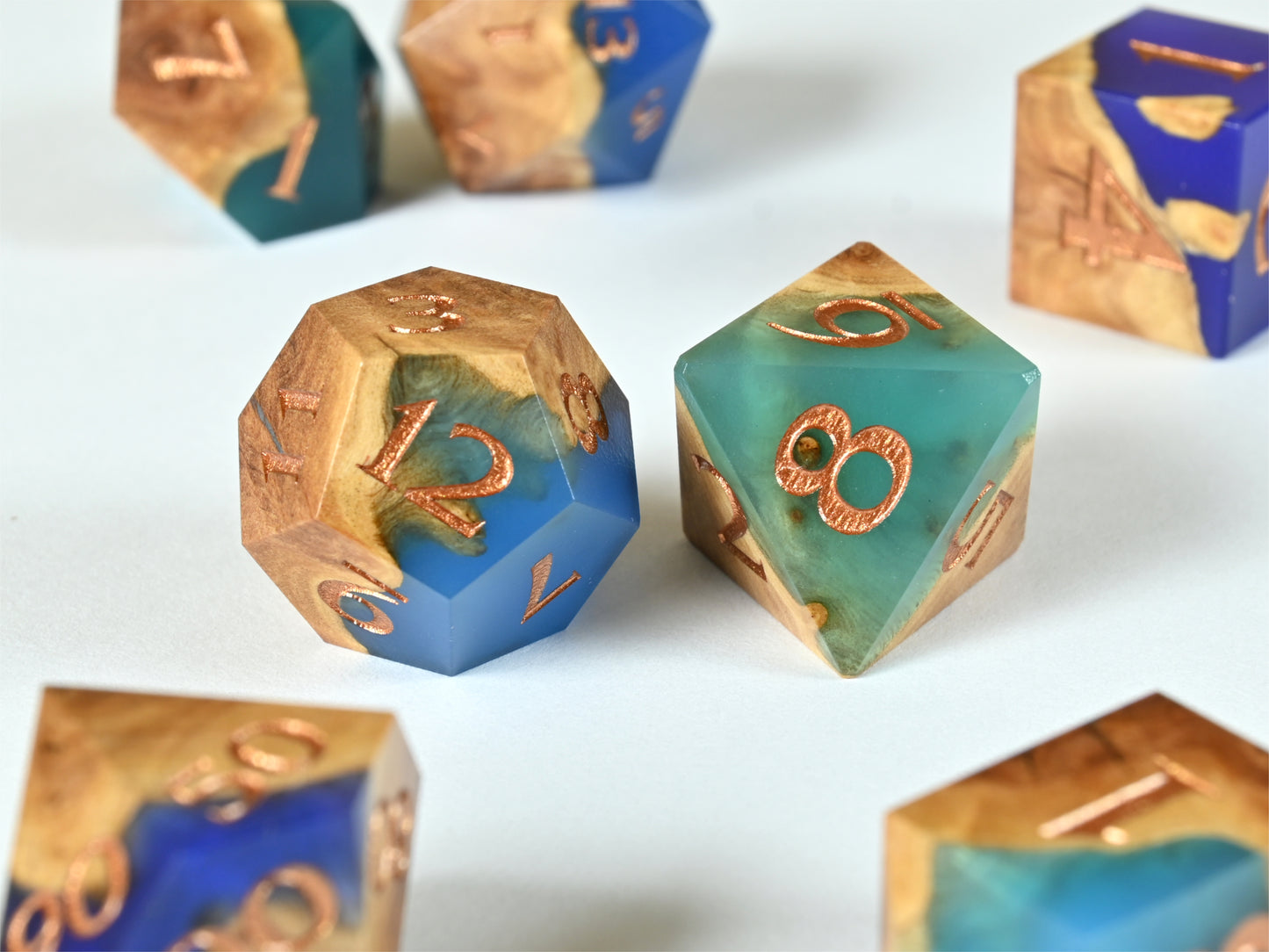 sea glass Red Mallee burl wood and resin hybrid dice set for dnd ttrpg