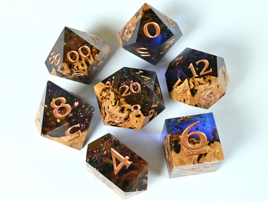 Shattered sunset Gimlet burl wood and resin hybrid dice set for dnd ttrpg