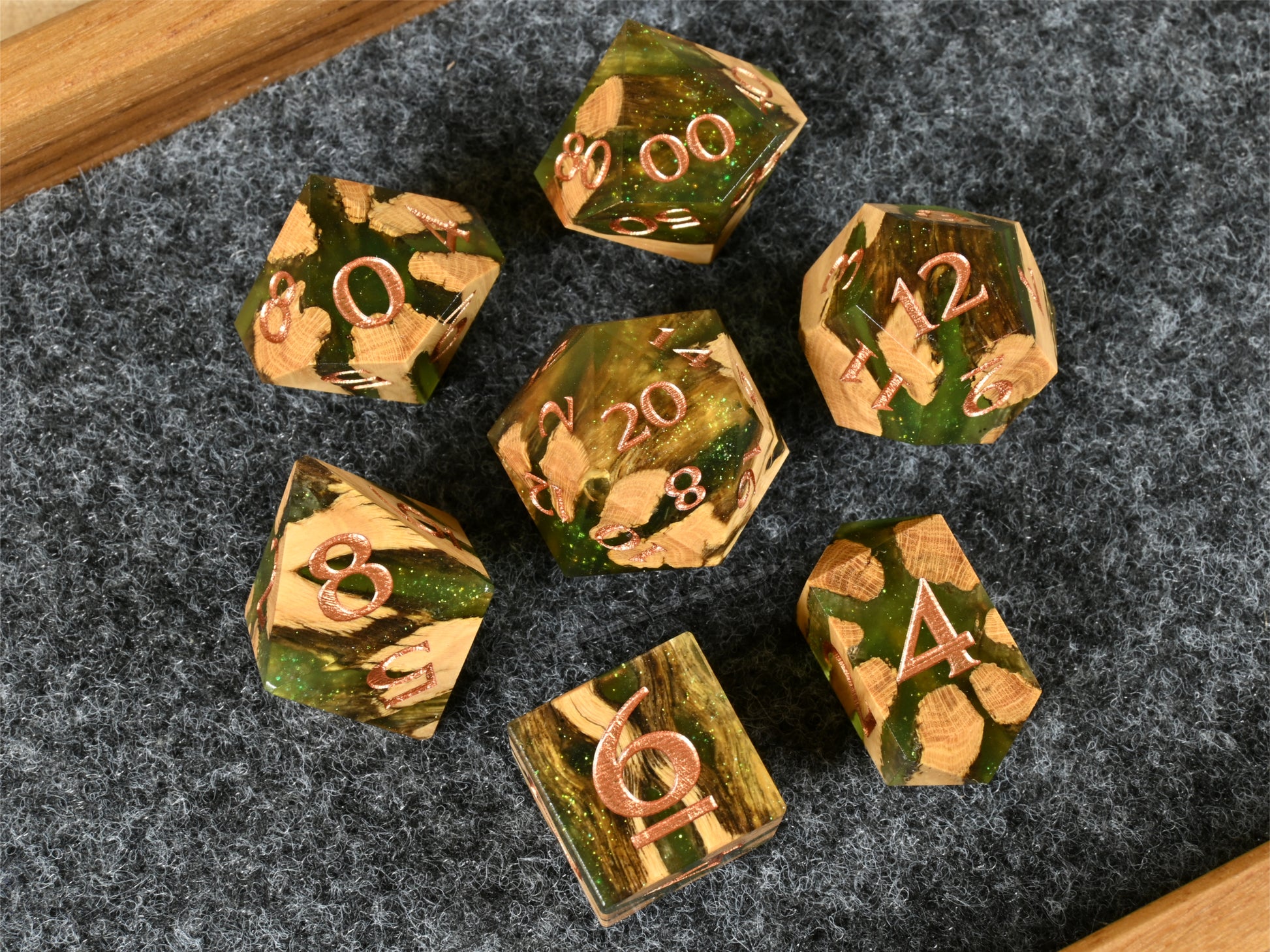 Slime cholla cactus wood and resin dice set for ttrpg dnd