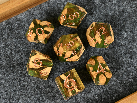 Slime cholla cactus wood and resin dice set for ttrpg dnd