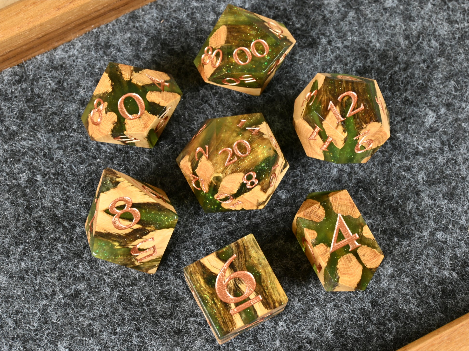 Slime cholla cactus wood and resin dice set for ttrpg dnd