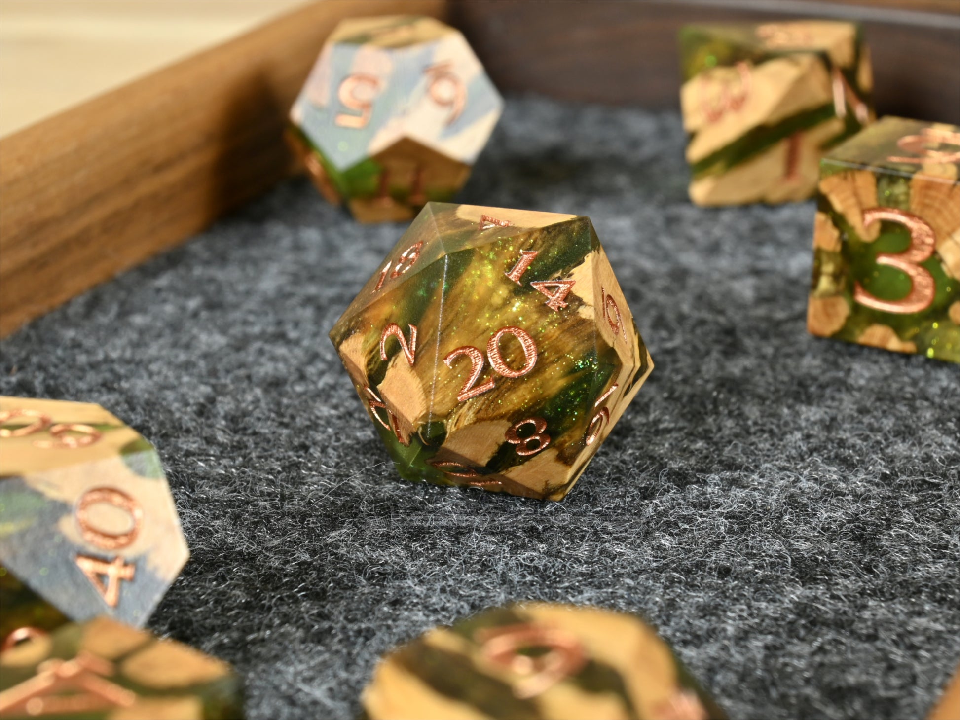 Slime cholla cactus wood and resin dice set for ttrpg dnd