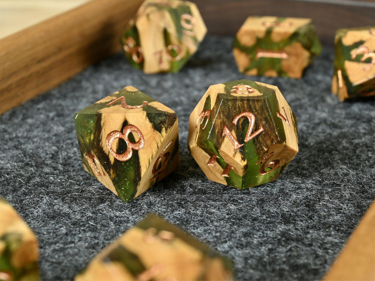 Slime cholla cactus wood and resin dice set for ttrpg dnd