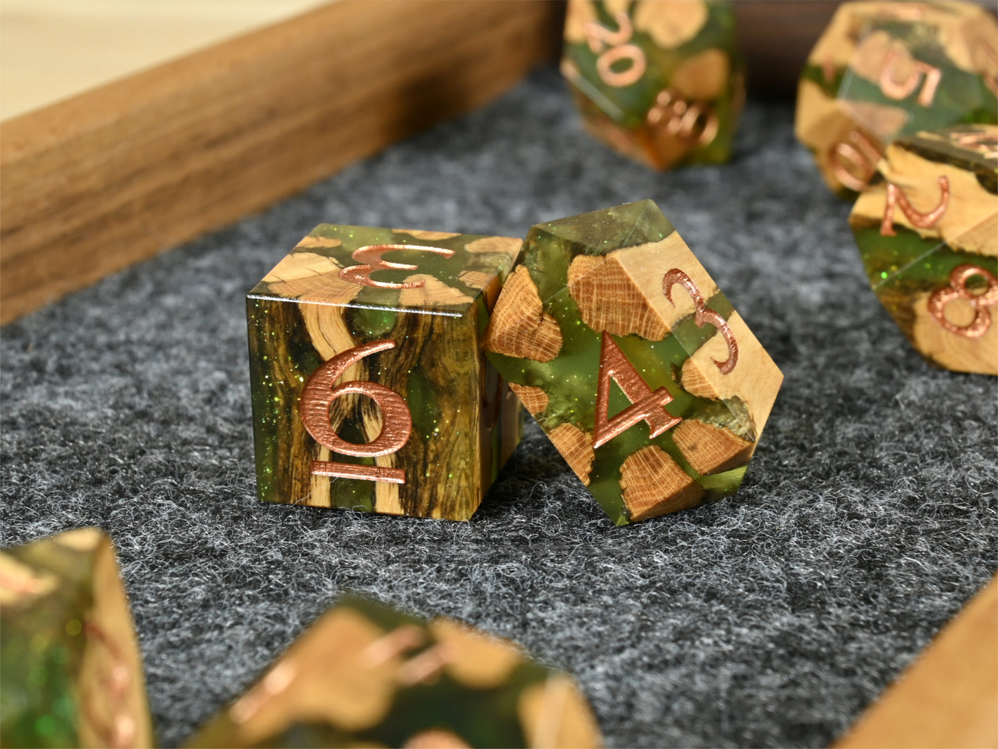 Slime cholla cactus wood and resin dice set for ttrpg dnd