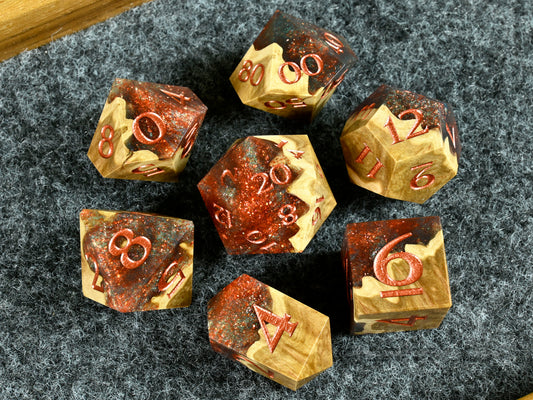 tarnished copper brown mallee burl wood and resin dice set for dnd ttrpg