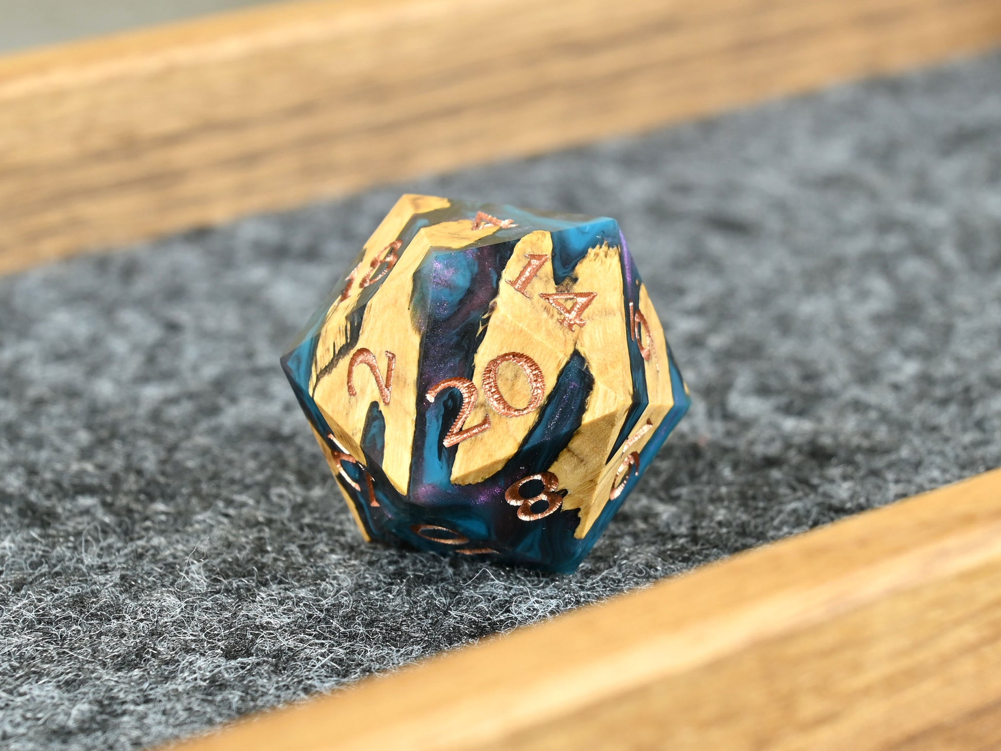 D20 dice made from cholla wood and resin for D&D ttrpg