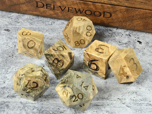 Stabilized buckeye burl wood dice set for dnd ttrpg tabletop games