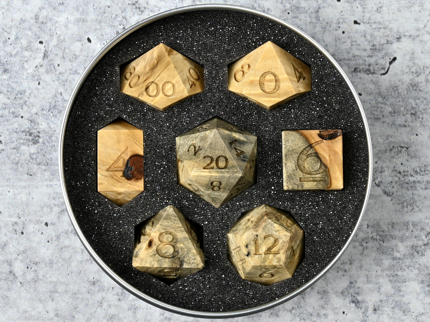 Stabilized buckeye burl wood dice set for dnd ttrpg tabletop games