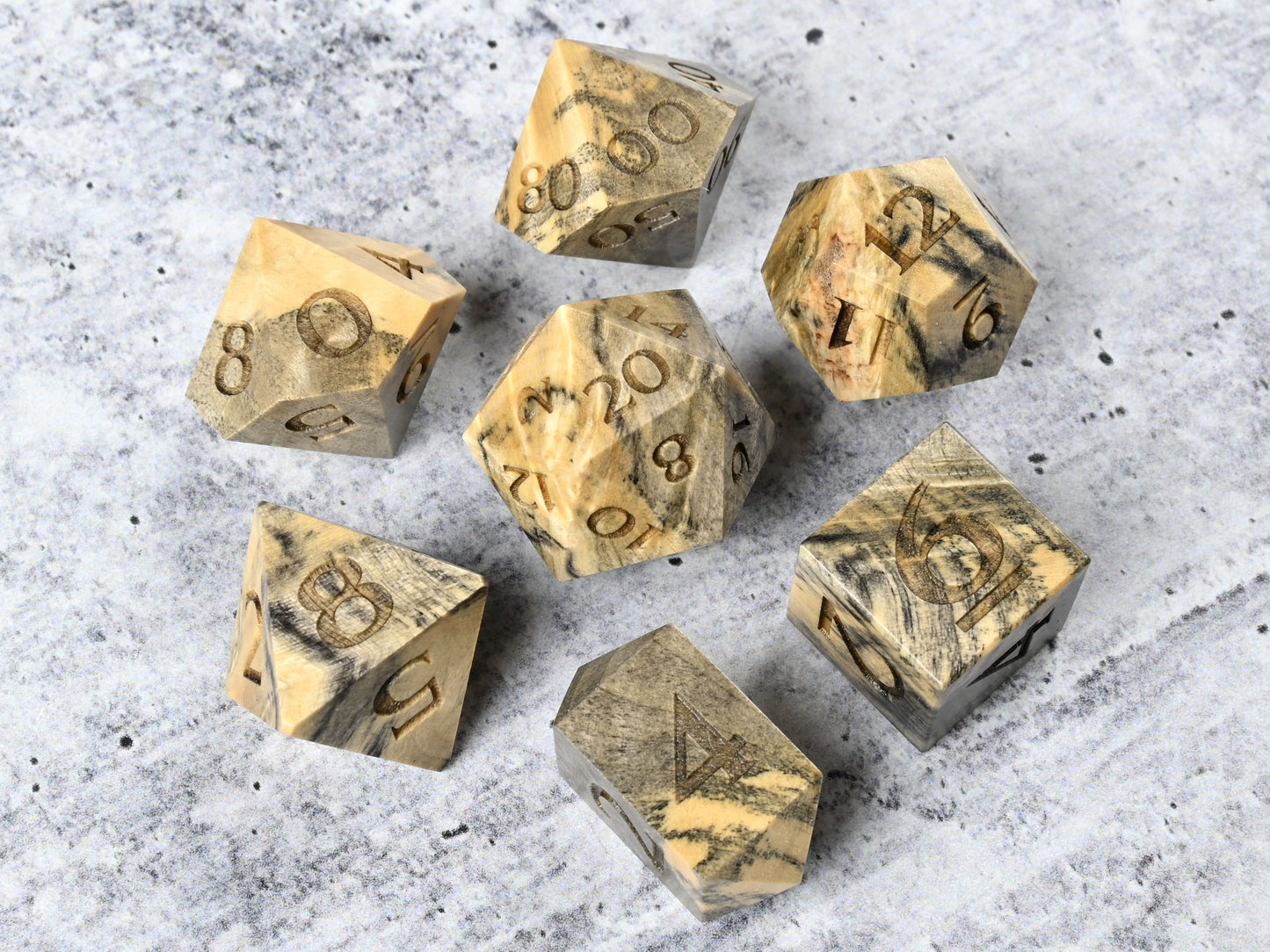 Stabilized buckeye burl wood dice set for dnd ttrpg tabletop games