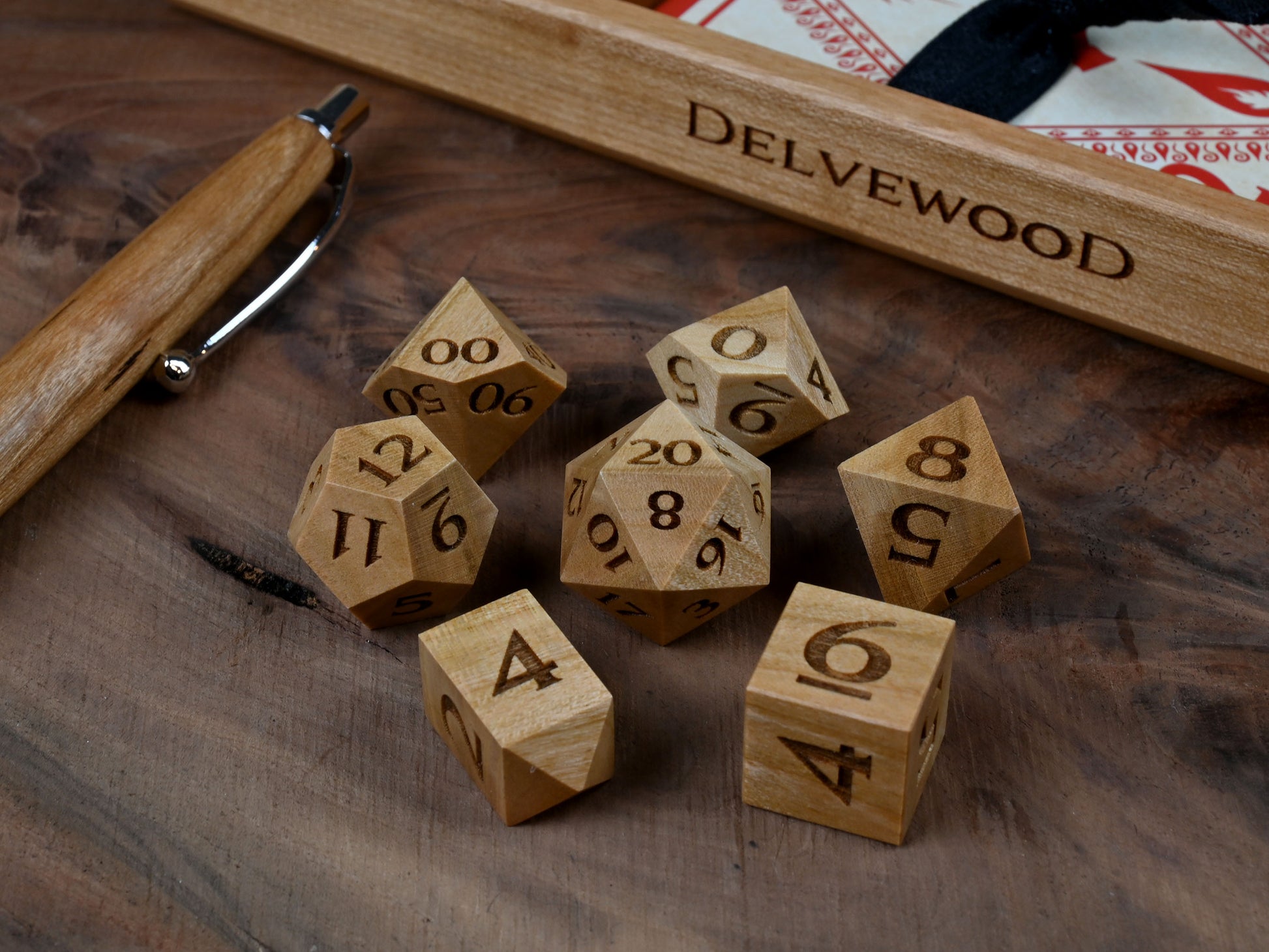 Cherry wood polyhedral dice set for dungeons and dragons rpg