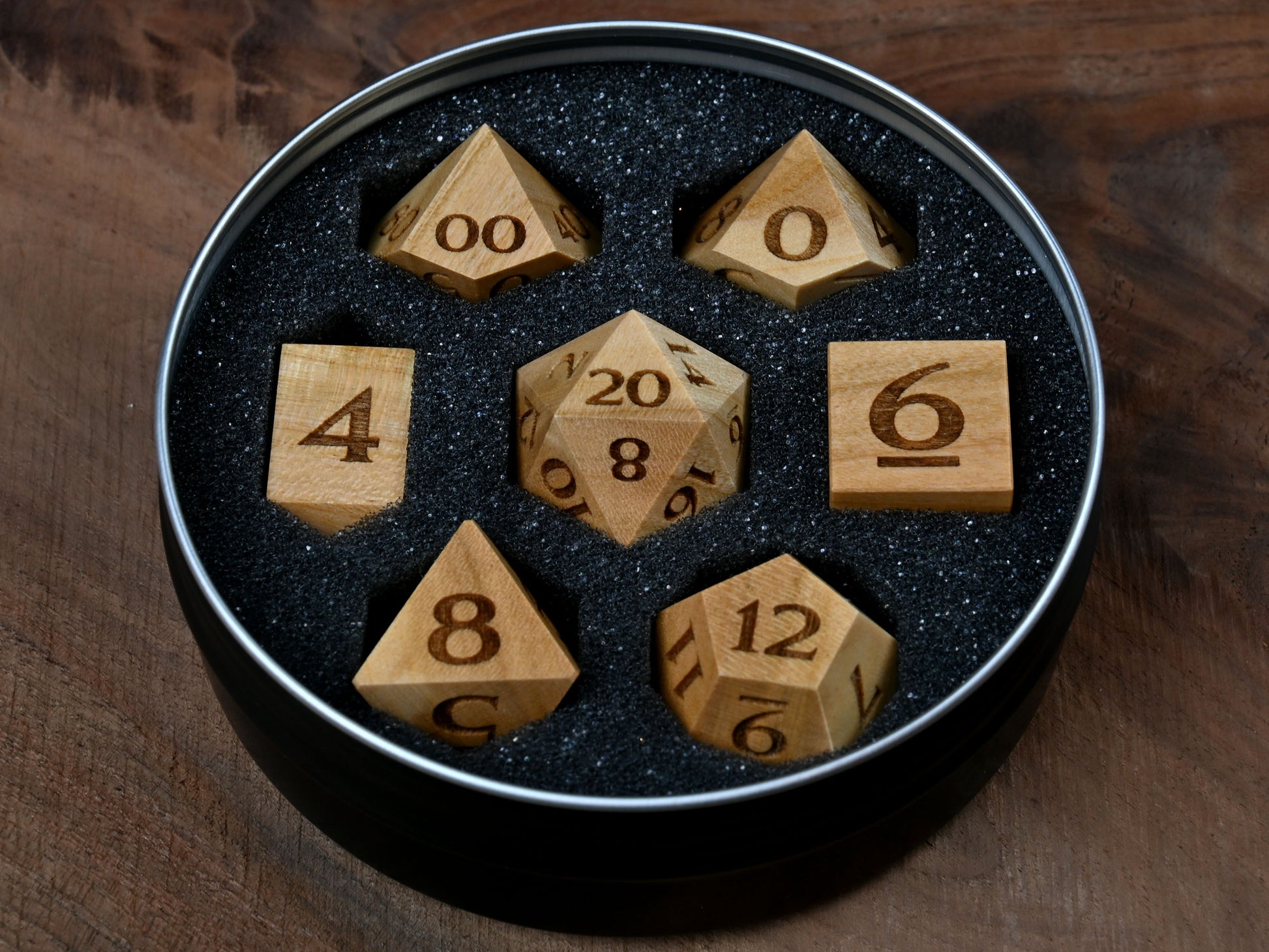 Cherry wood polyhedral dice set for dungeons and dragons rpg