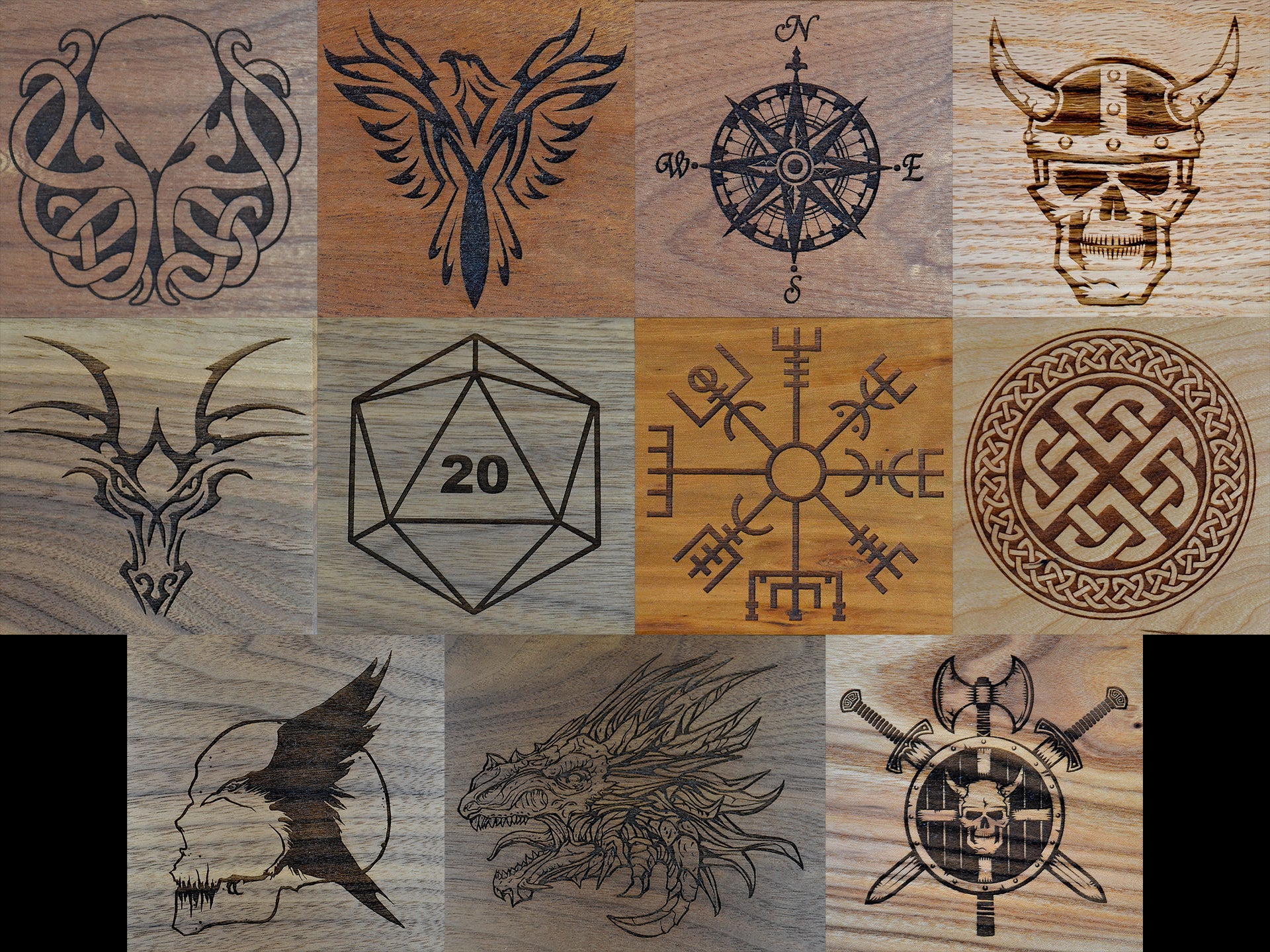 Image engraving examples in a variety of woods.