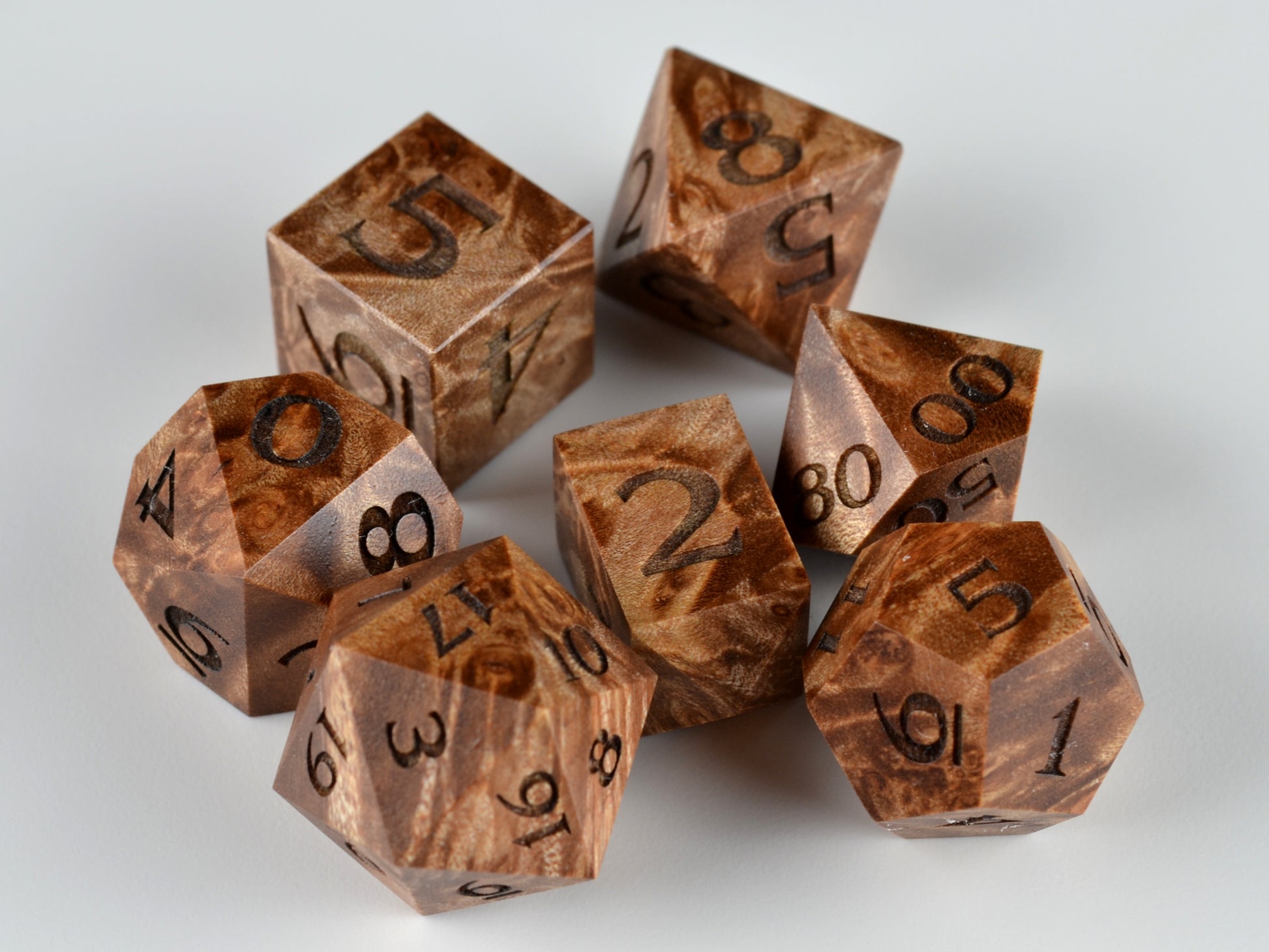 Stabilized maple burl wooden dice set for dungeons and dragons rpg dnd