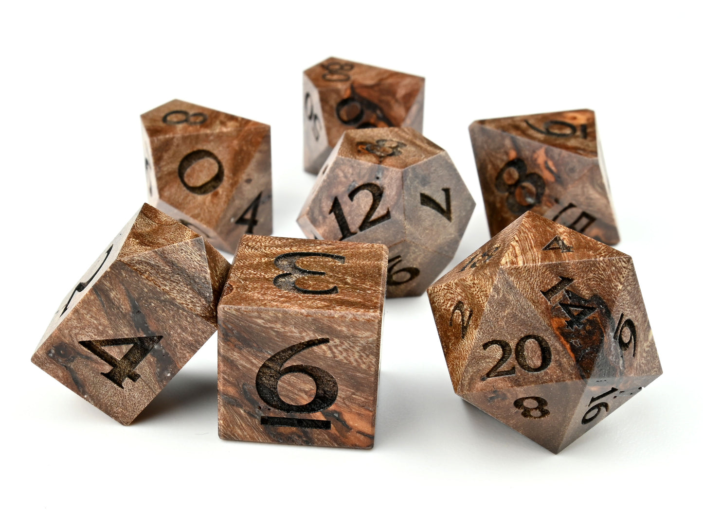 Stabilized Maple burl polyhedral dice set for dungeons and dragons rpg