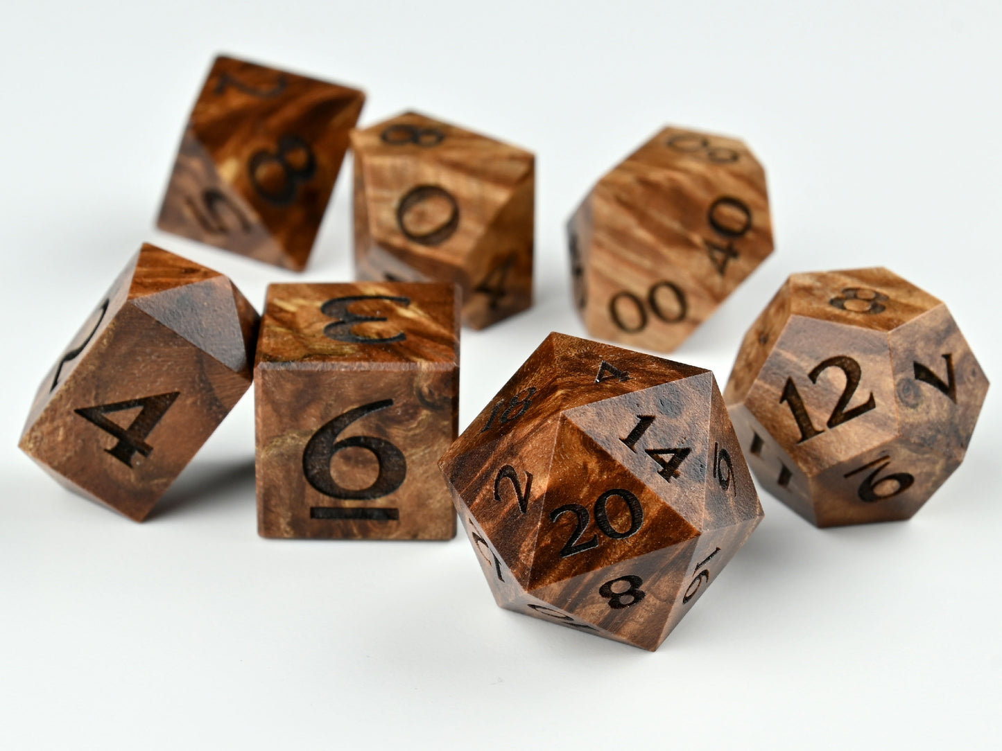 Stabilized Maple burl polyhedral dice set for dungeons and dragons rpg