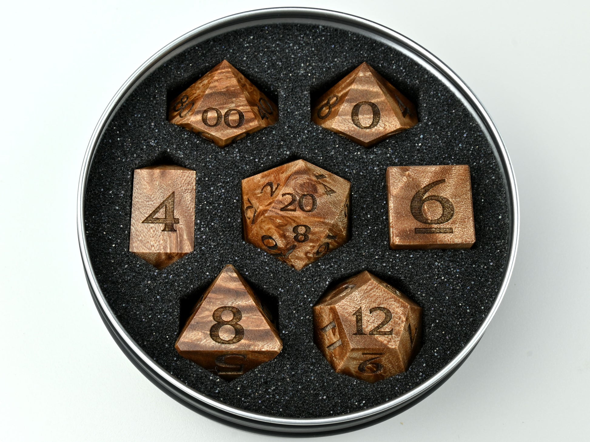 Stabilized Maple burl polyhedral dice set for dungeons and dragons rpg