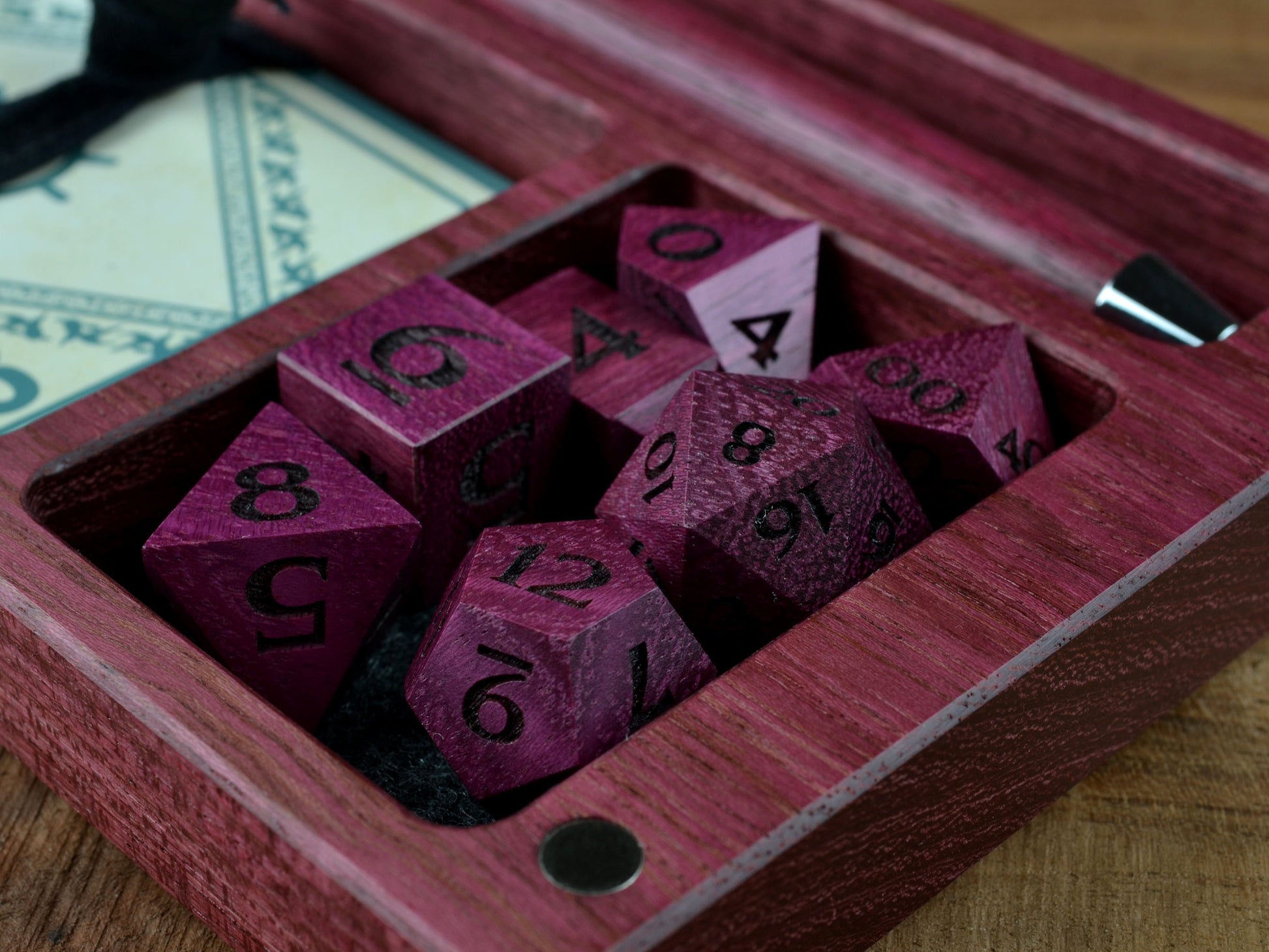 Purpleheart wood polyhedral dice set for dungeons and dragons rpg